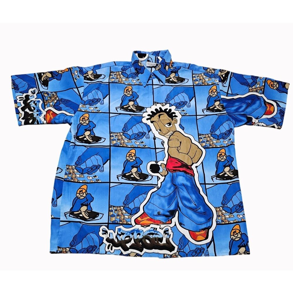 Vtg 90s Y2K  UP RO'S Allover Print Shirt Hip Hop DJ Urban Artist Rap Graffiti XL - Picture 5 of 16